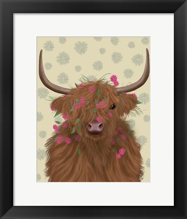 Framed Highland Cow 1, Pink Flowers Print