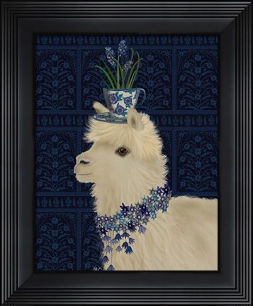 Framed Llama Teacup and Blue Flowers Print