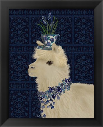 Framed Llama Teacup and Blue Flowers Print