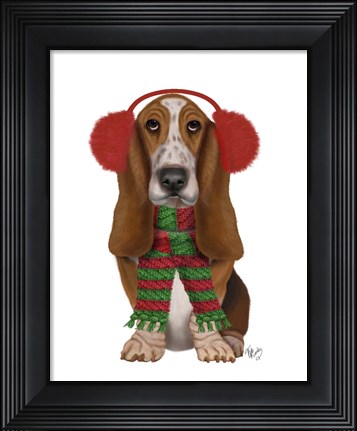 Framed Christmas Des - Basset Hound and Ear Muffs Print