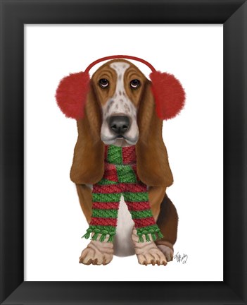 Framed Christmas Des - Basset Hound and Ear Muffs Print