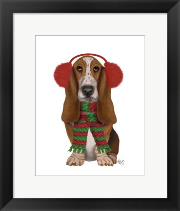 Framed Christmas Des - Basset Hound and Ear Muffs Print