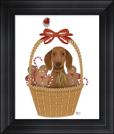 Framed Christmas Des - Dog in Basket with Gingerbread Men Print