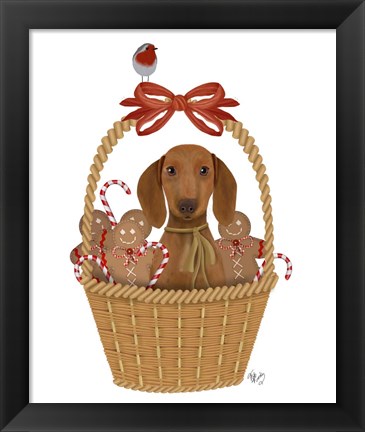 Framed Christmas Des - Dog in Basket with Gingerbread Men Print