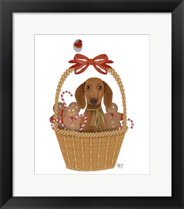 Framed Christmas Des - Dog in Basket with Gingerbread Men Print