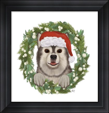 Framed Christmas Des - Husky Wreath Print