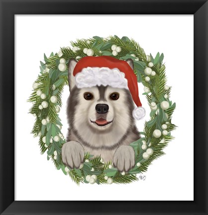 Framed Christmas Des - Husky Wreath Print