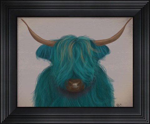 Framed Highland Cow 3, Turquoise, Portrait Print