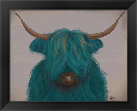 Framed Highland Cow 3, Turquoise, Portrait Print