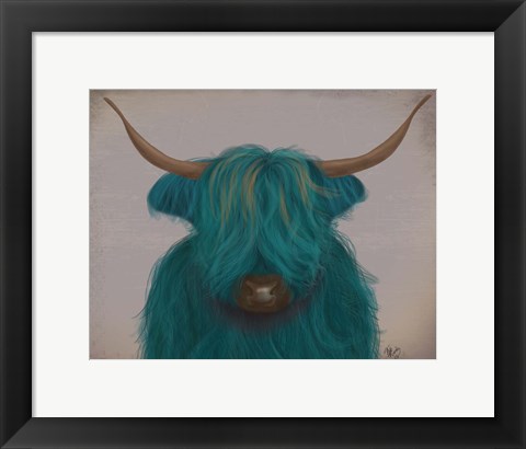 Framed Highland Cow 3, Turquoise, Portrait Print