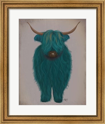 Framed Highland Cow 3, Turquoise, Full Print
