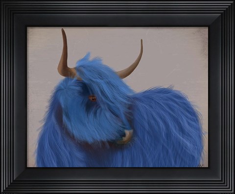 Framed Highland Cow 2, Blue, Portrait Print