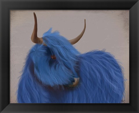 Framed Highland Cow 2, Blue, Portrait Print