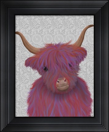 Framed Highland Cow 7, Pink And Purple, Portrait Print