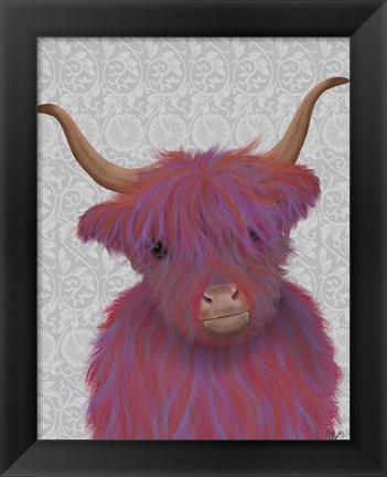 Framed Highland Cow 7, Pink And Purple, Portrait Print