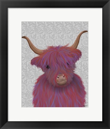 Framed Highland Cow 7, Pink And Purple, Portrait Print