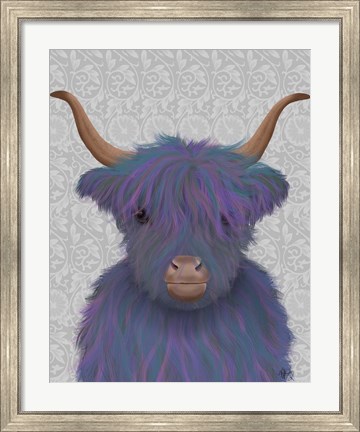 Framed Highland Cow 7, Purple, Portrait Print
