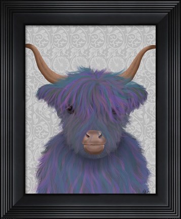 Framed Highland Cow 7, Purple, Portrait Print