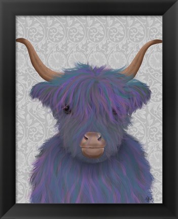 Framed Highland Cow 7, Purple, Portrait Print