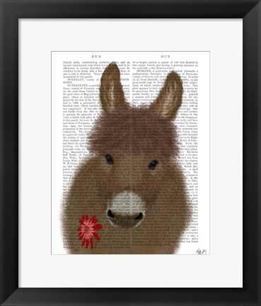 Framed Donkey Red Flower Book Print Print