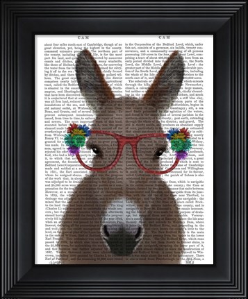 Framed Donkey Red Flower Glasses Book Print Print