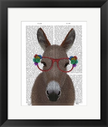 Framed Donkey Red Flower Glasses Book Print Print