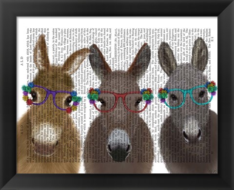 Framed Donkey Trio Flower Glasses Book Print Print