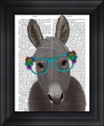 Framed Donkey Turquoise Flower Glasses Book Print Print