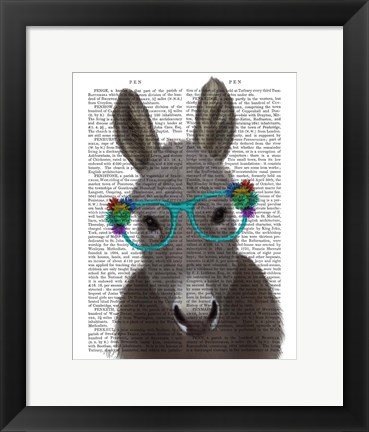 Framed Donkey Turquoise Flower Glasses Book Print Print