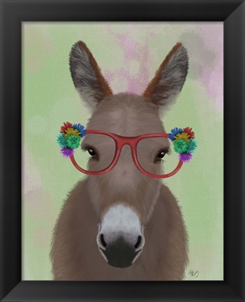 Framed Donkey Red Flower Glasses Print