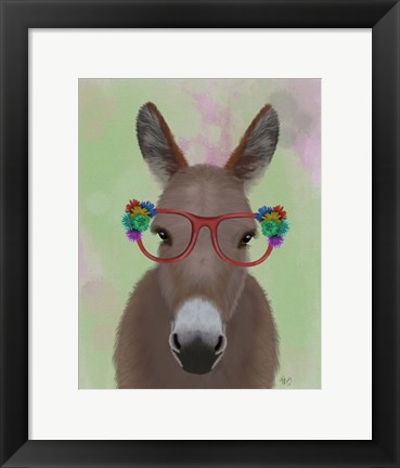 Framed Donkey Red Flower Glasses Print