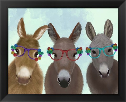 Framed Donkey Trio Flower Glasses Print