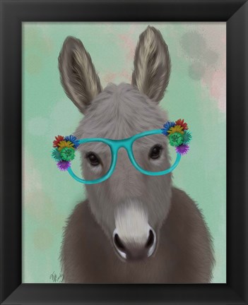 Framed Donkey Turquoise Flower Glasses Print