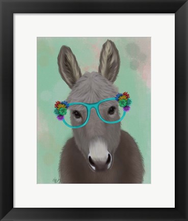 Framed Donkey Turquoise Flower Glasses Print