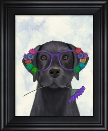 Framed Black Labrador and Flower Glasses Print