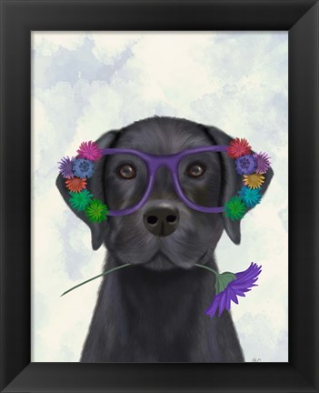 Framed Black Labrador and Flower Glasses Print