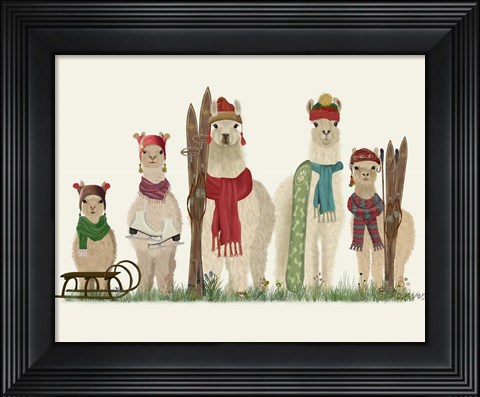 Framed Llama Family Winter Sports Print