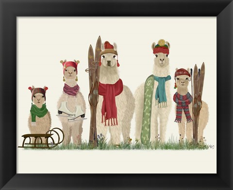 Framed Llama Family Winter Sports Print