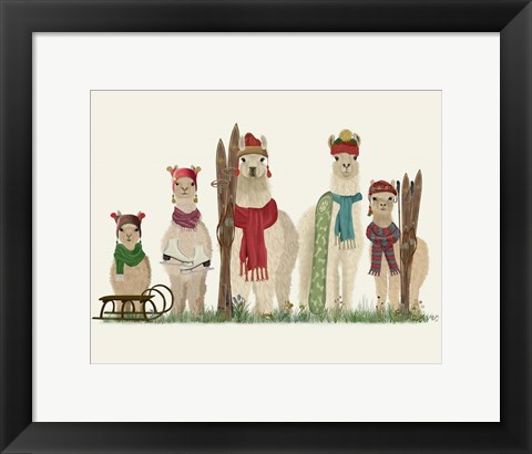 Framed Llama Family Winter Sports Print