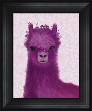 Framed Llama Purple Meadow Flowers Print