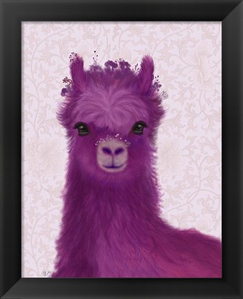 Framed Llama Purple Meadow Flowers Print