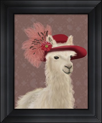 Framed Llama Red Feather Hat Print