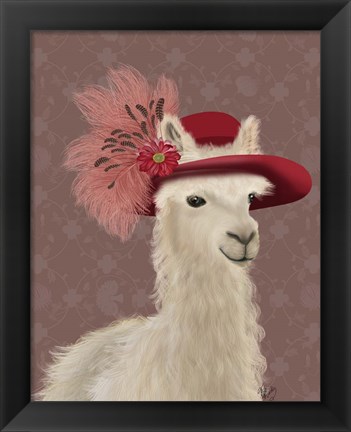 Framed Llama Red Feather Hat Print