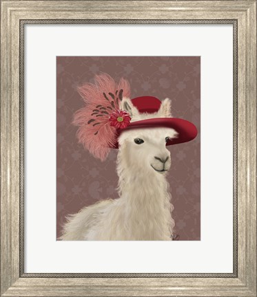 Framed Llama Red Feather Hat Print