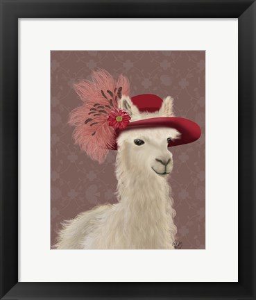 Framed Llama Red Feather Hat Print