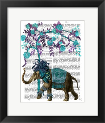 Framed Niraj Elephant, Blue Tree Print