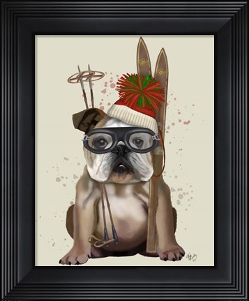Framed English Bulldog, Skiing Print
