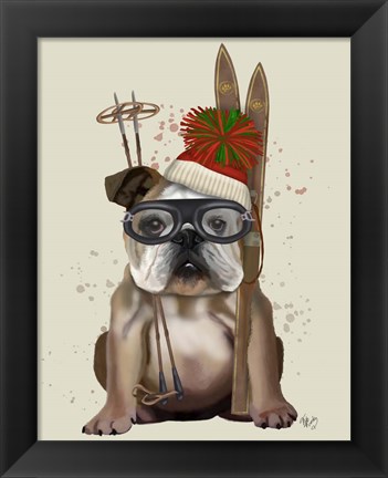 Framed English Bulldog, Skiing Print