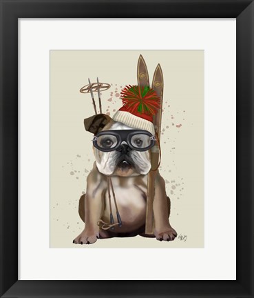 Framed English Bulldog, Skiing Print