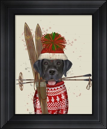 Framed Black Labrador, Skiing Print